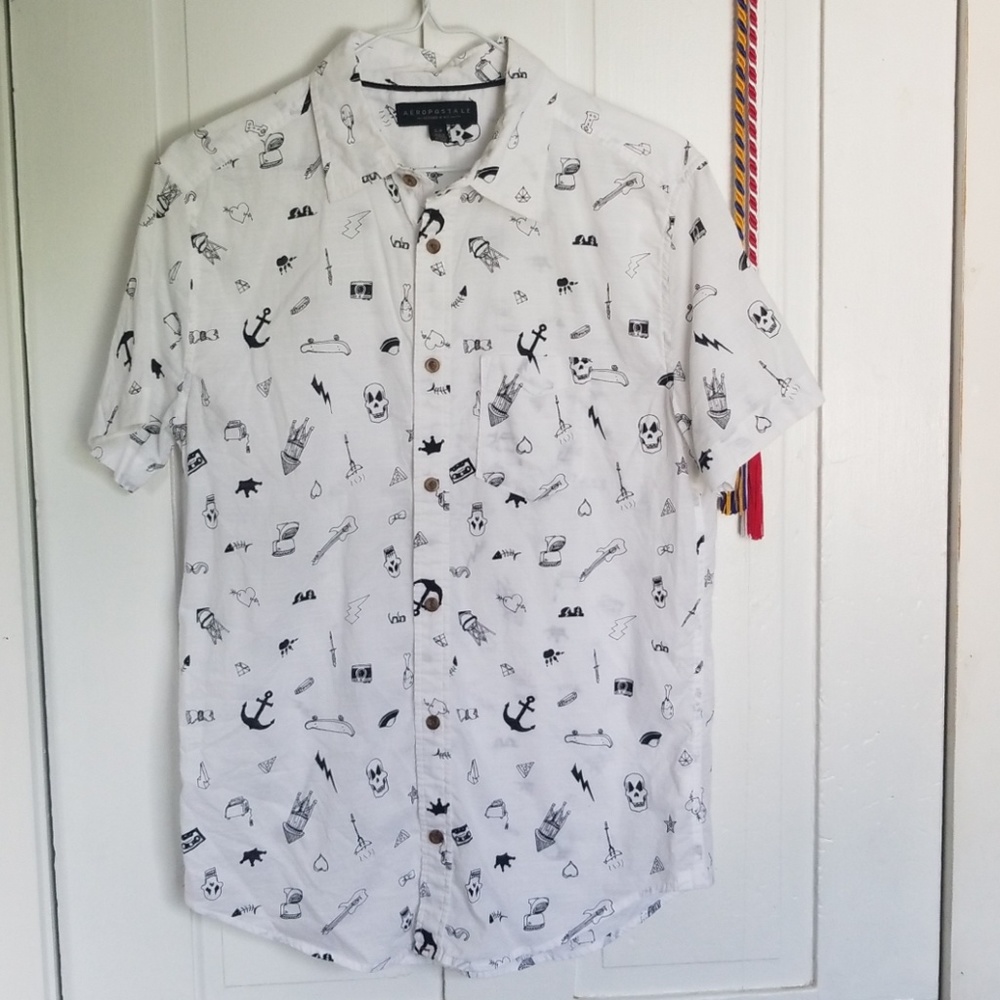 aeropostale white buttoned shirt with doodles